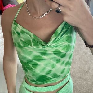 PRINTED GREEN COWL TIE TOP